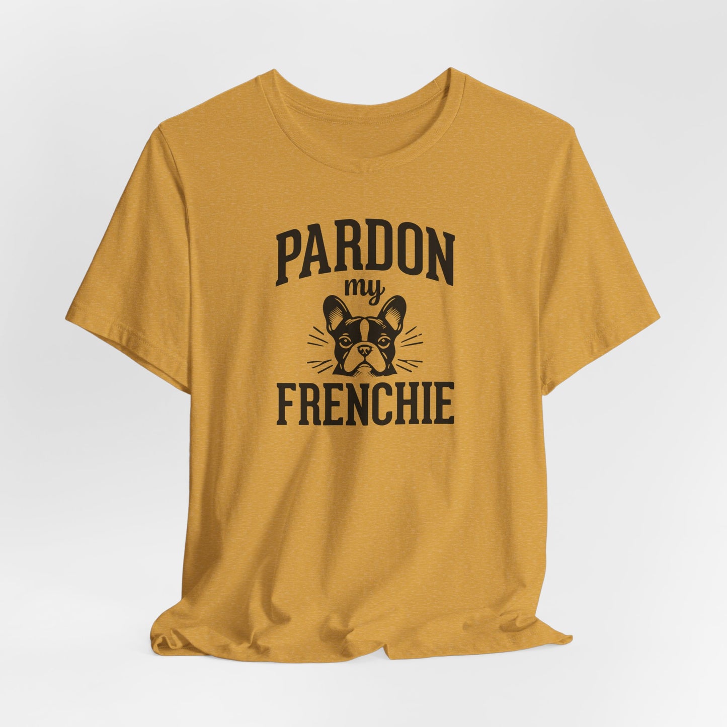 Heather mustard t-shirt with french bulldog face and the slogan "Pardon My Frenchie"