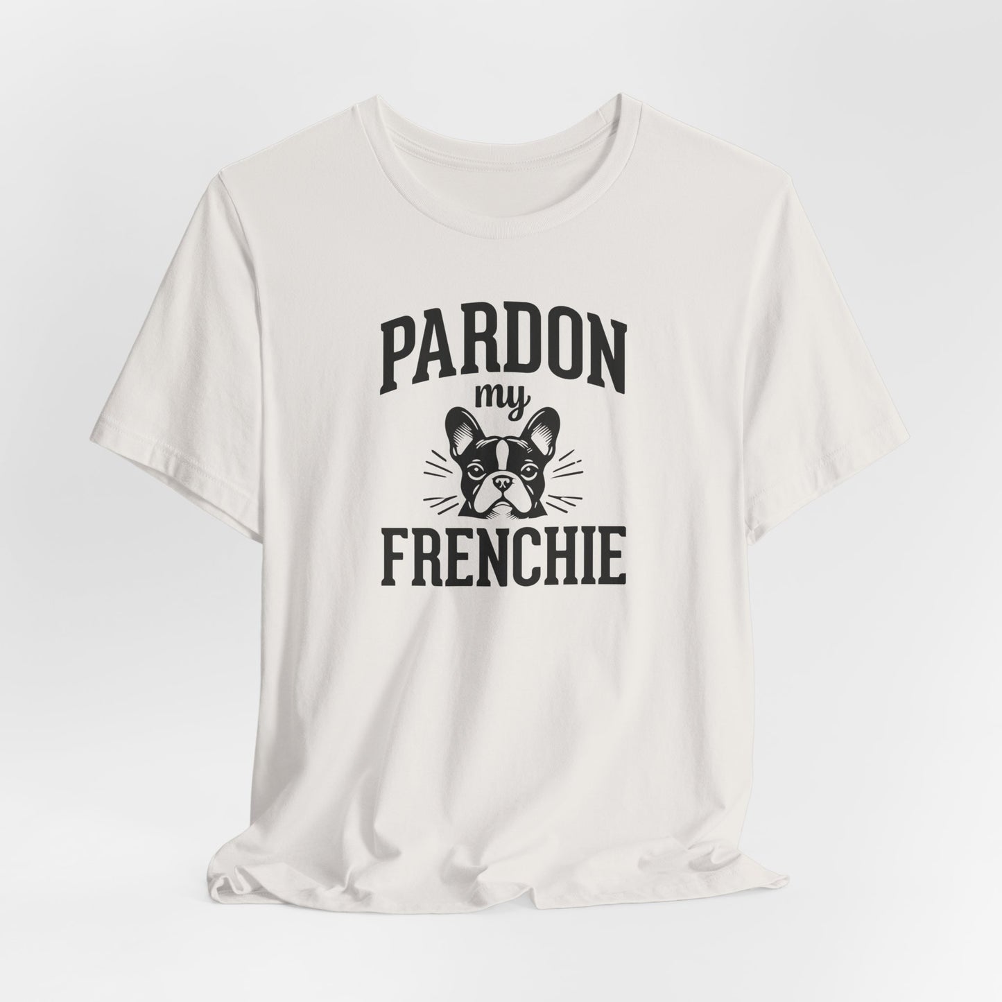 Vintage white t-shirt with french bulldog face and the slogan "Pardon My Frenchie"