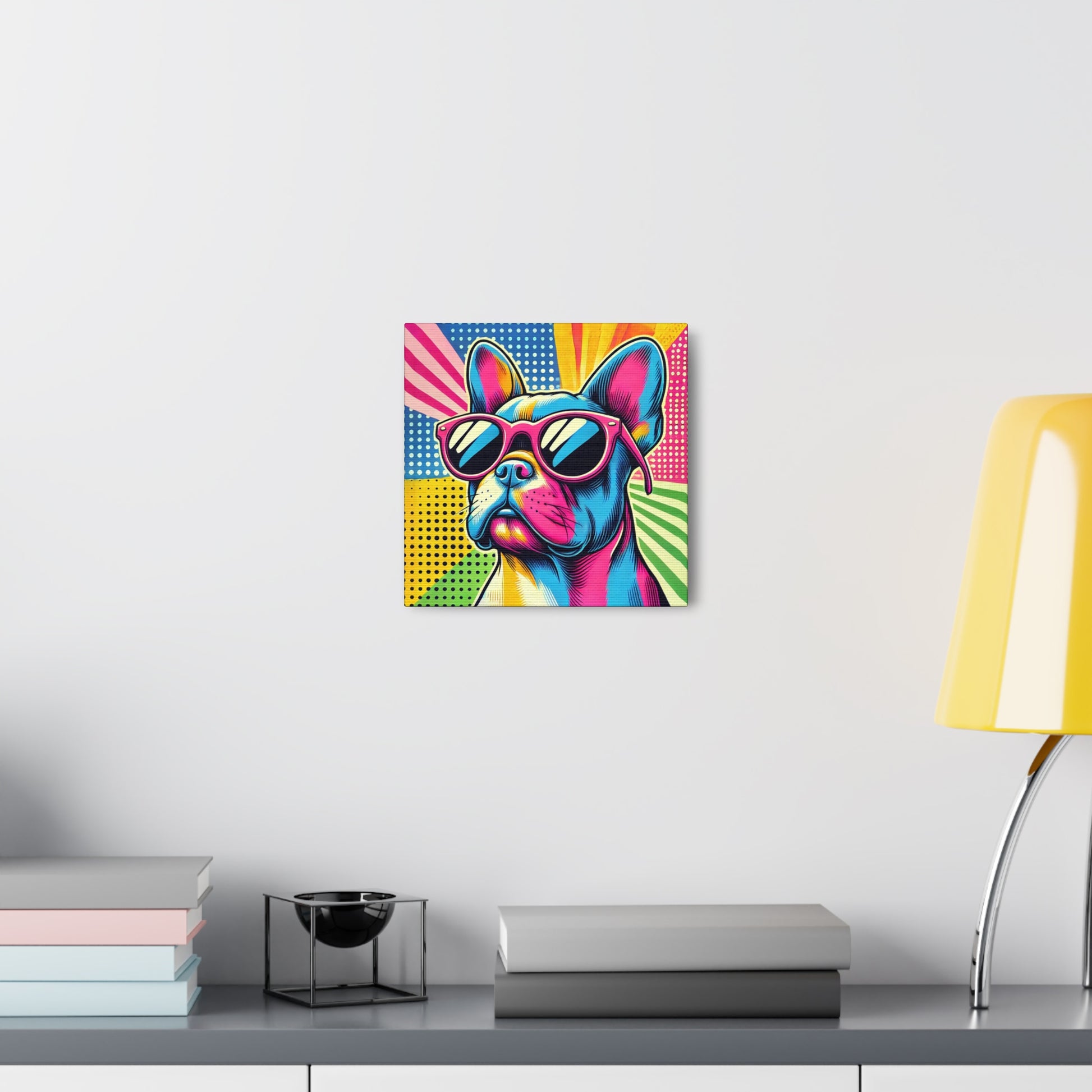 Gallery wrap canvas with Pop Art portrait of a Frenchie, hanging on a white wall