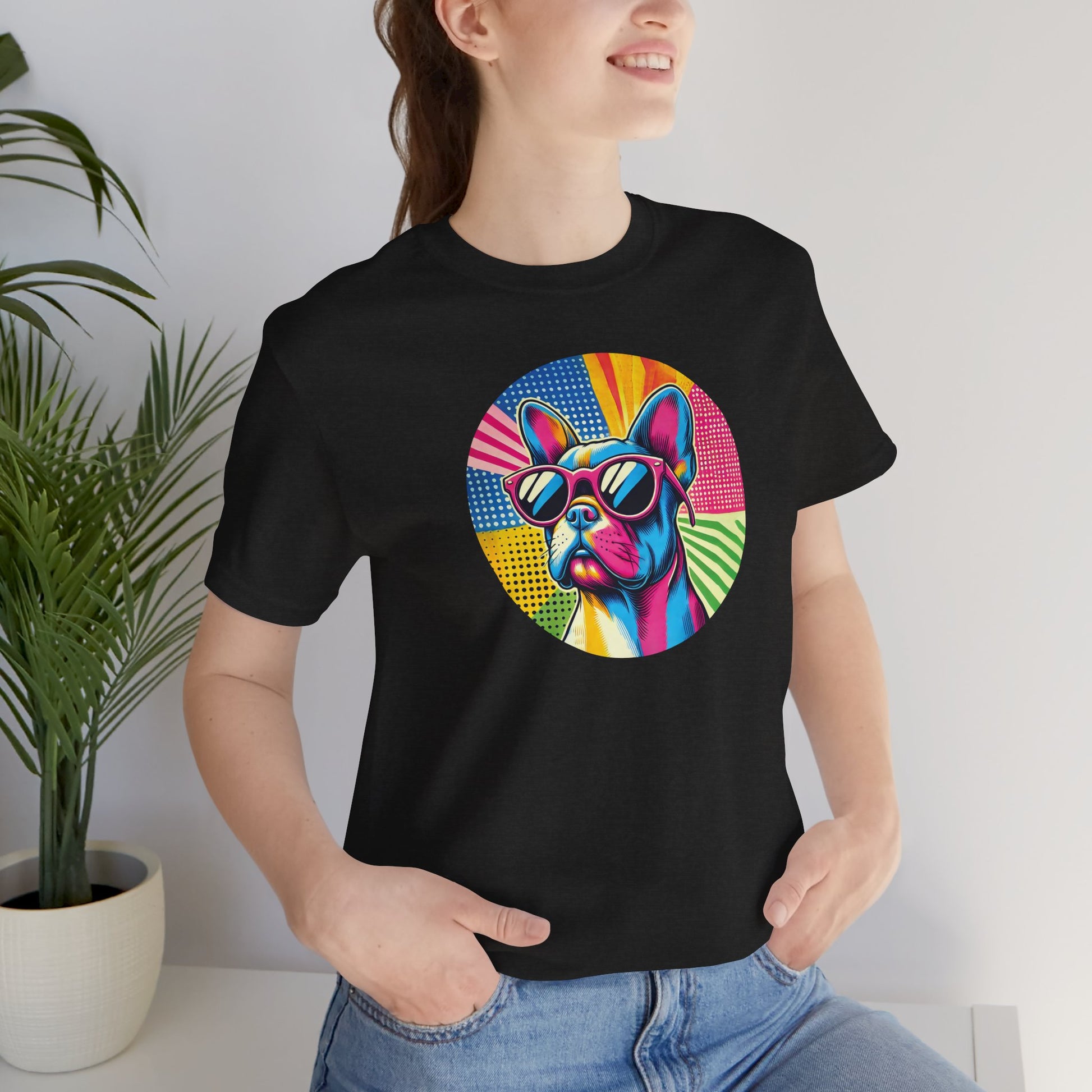 Heather black t-shirt with Pop art style french bulldog portrait on female model