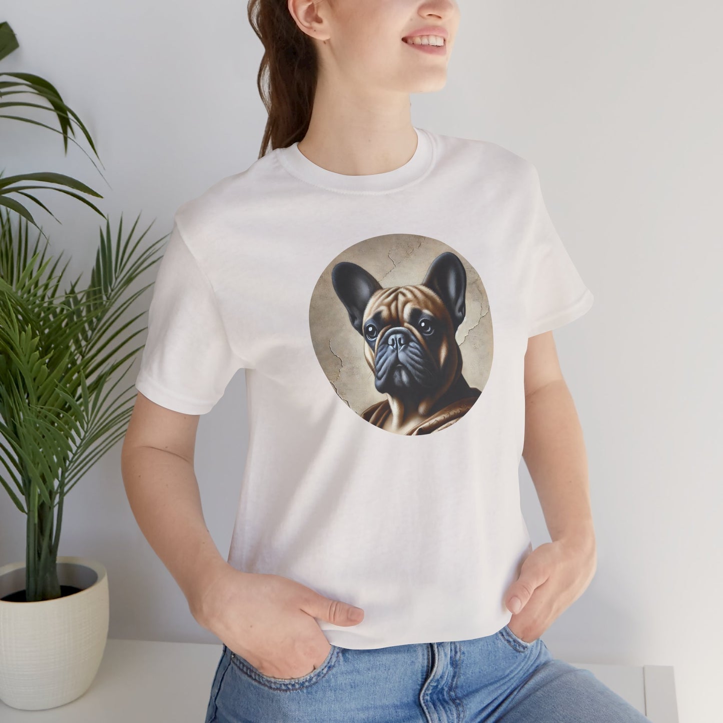 White t-shirt with Renaissance art style french bulldog portrait on female model