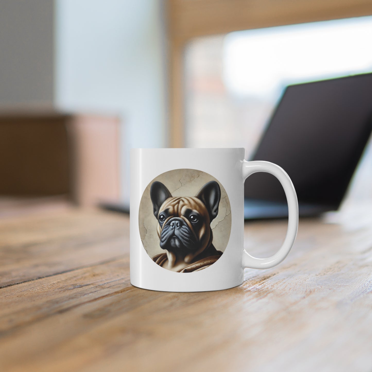 White ceramic mug with Renaissance style art portrait of a French Bulldog on wood tabletop