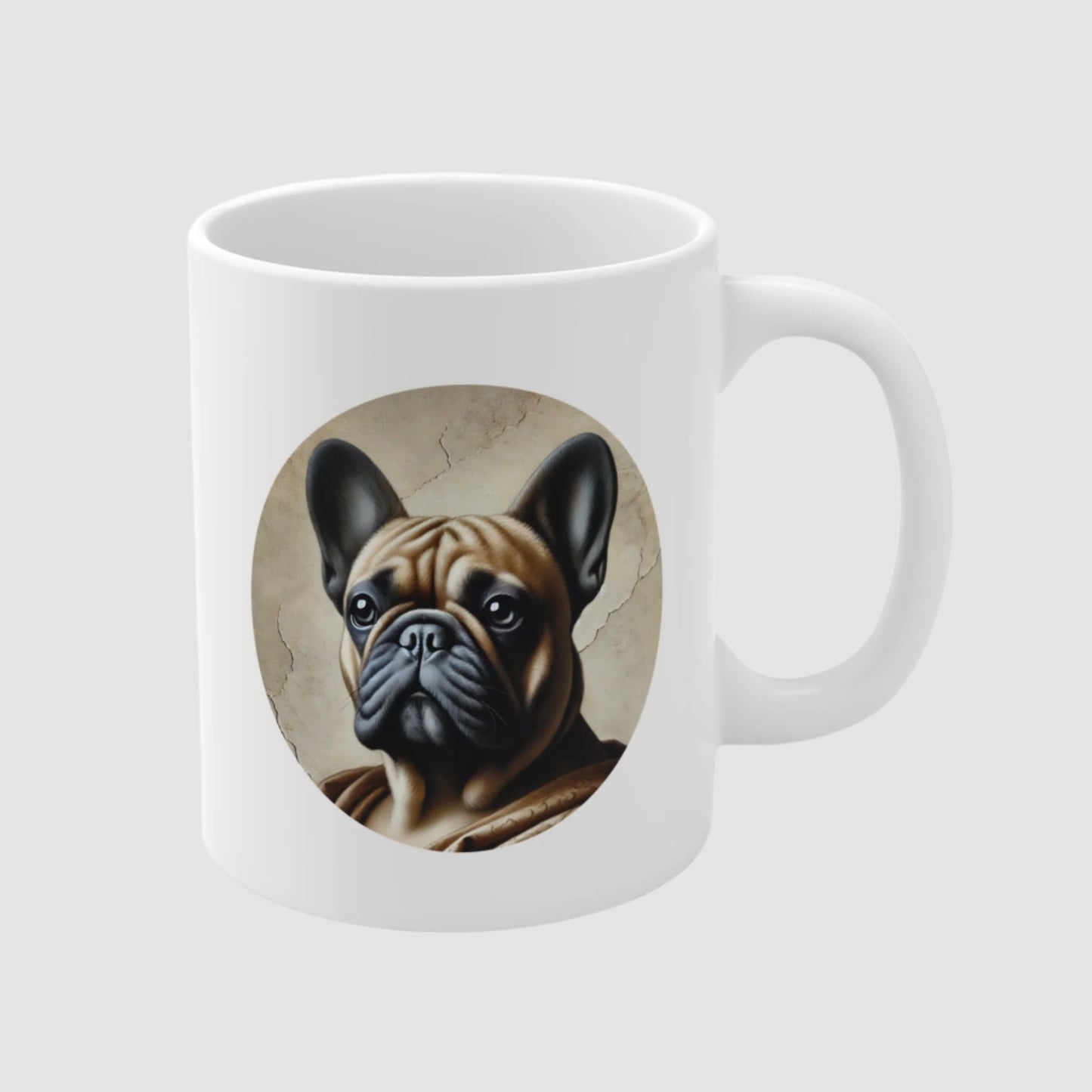 White ceramic mug with Renaissance style art portrait of a French Bulldog