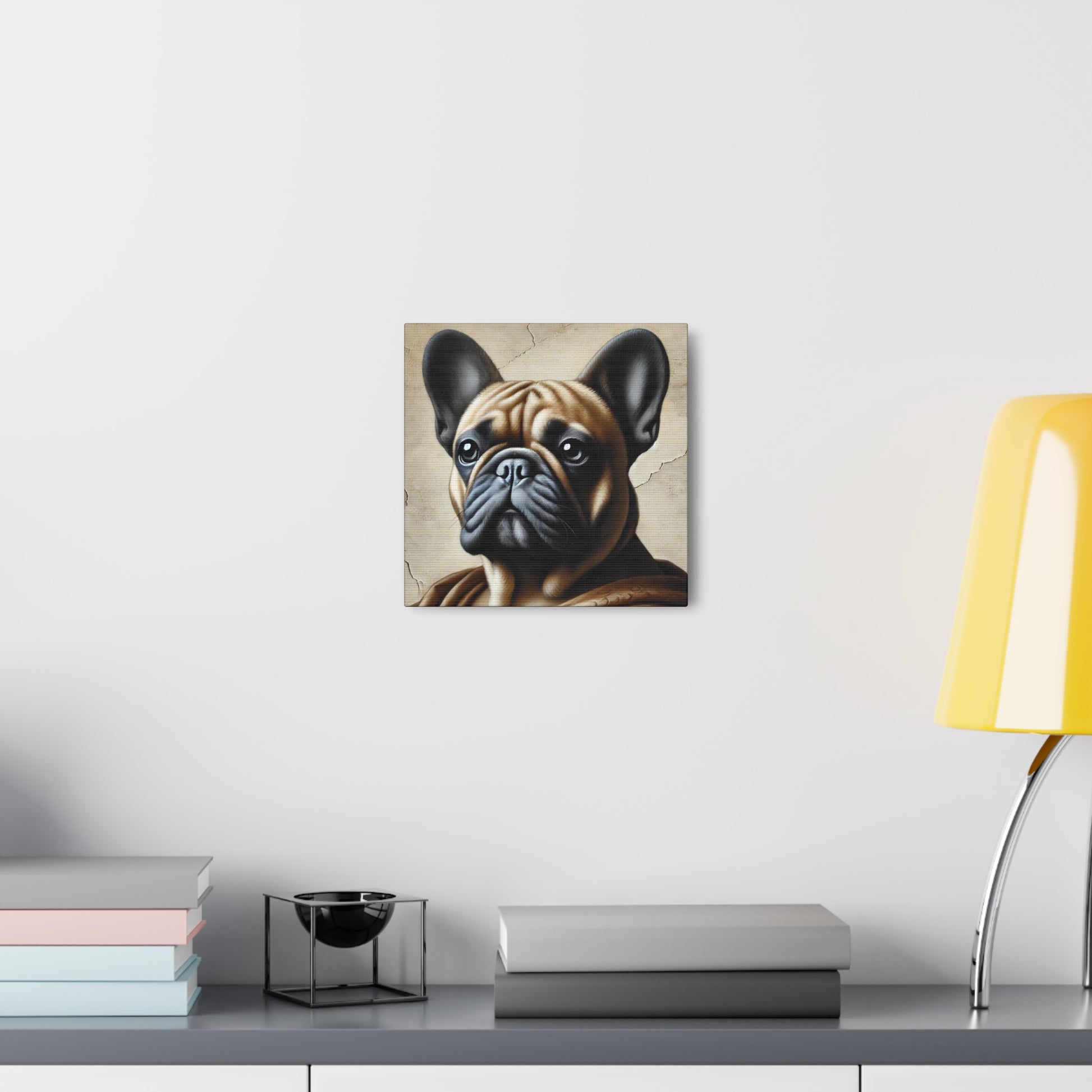 Gallery wrap canvas with Renaissance style portrait of a Frenchie, hanging on a white wall