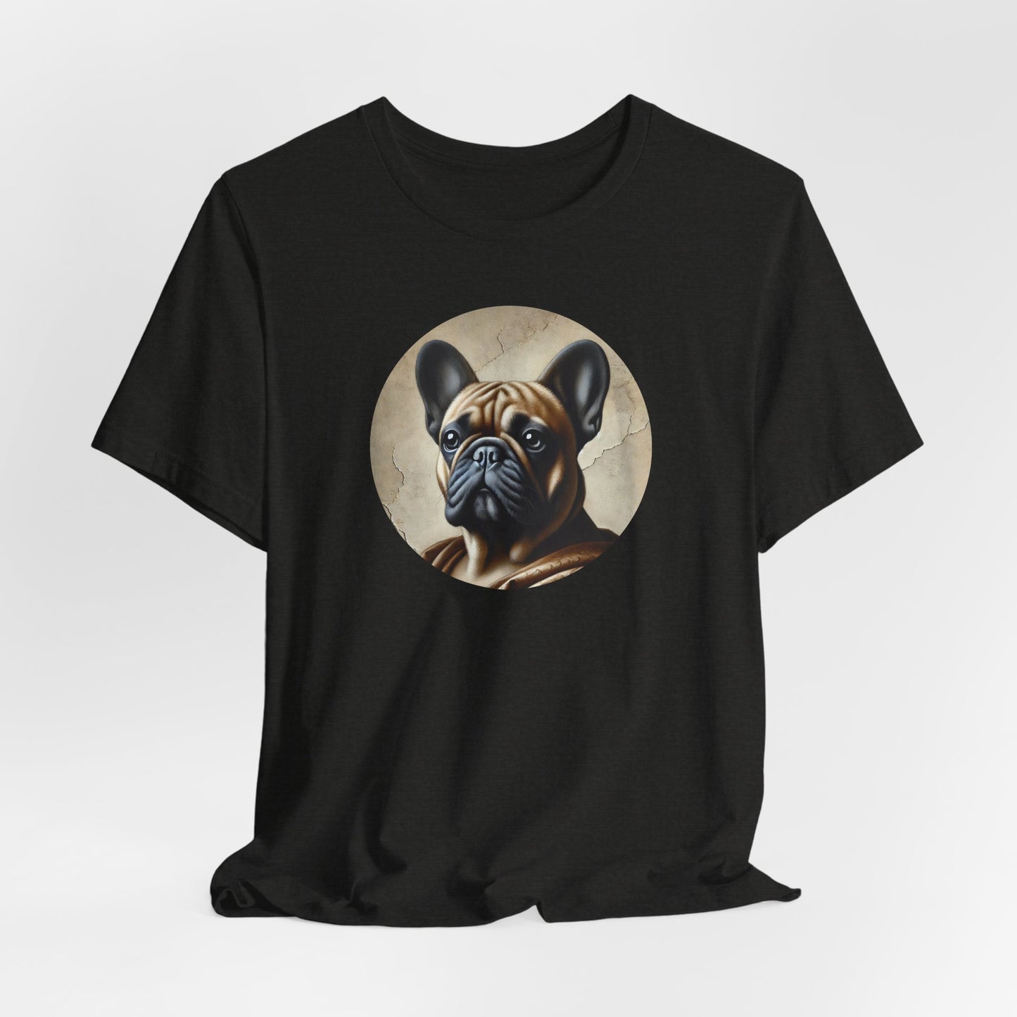 Heather black t-shirt with Renaissance art style french bulldog portrait