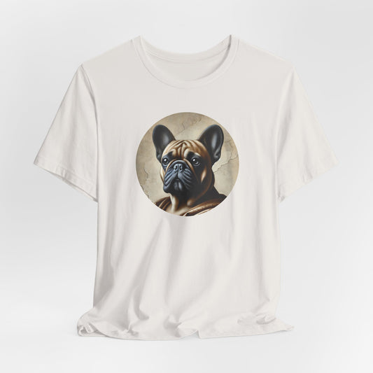 Vintage white t-shirt with Renaissance art style french bulldog portrait
