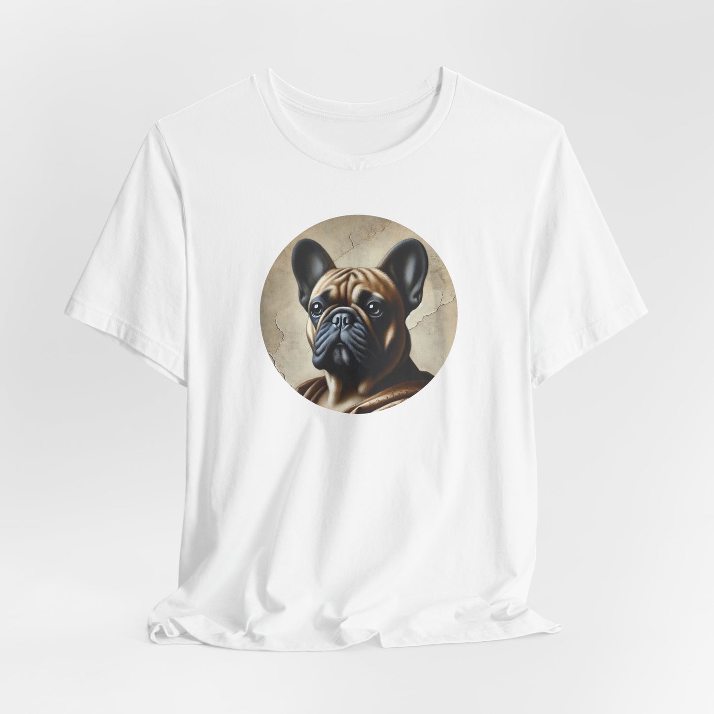 White t-shirt with Renaissance art style french bulldog portrait
