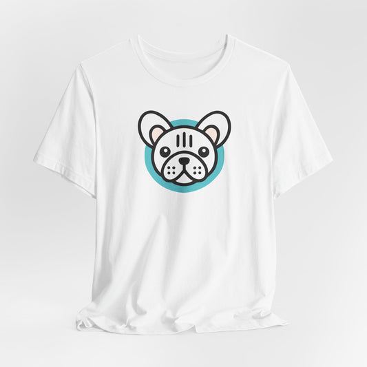 White t-shirt with an illustration of a white frenchie
