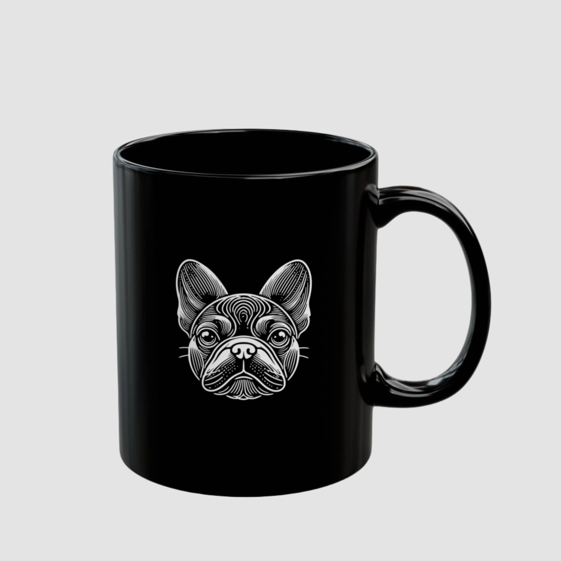 Black ceramic mug with white woodcut portrait of a French Bulldog 