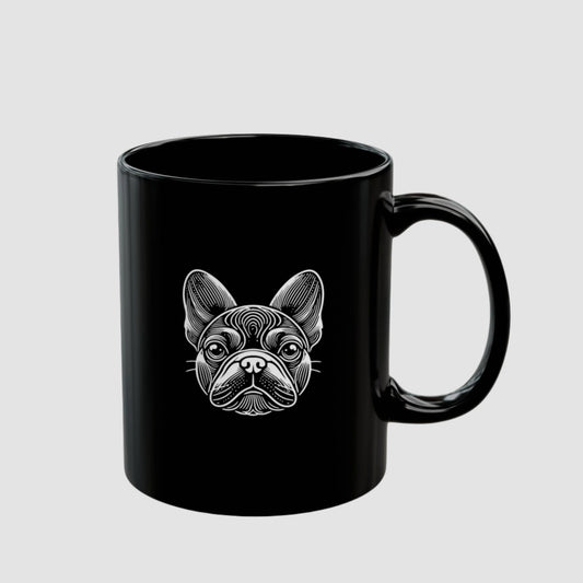 Black ceramic mug with white woodcut portrait of a French Bulldog 